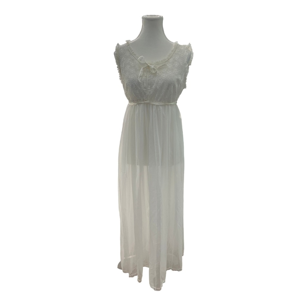 Vintage White Lace Trimmed Maxi Nightgown Sheer Overlay Ribbon MADE IN USA 50's